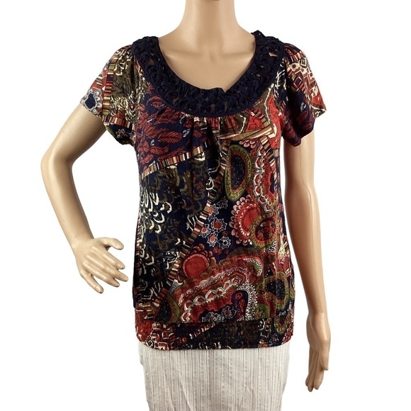 Lucky Brand Peasant Style Top Size S Multicolor Mixed Print - Picture 1 of 7